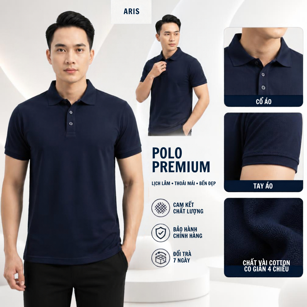 Người mẫu mặc Polo Crop Cleanfit ARIS PL01 màu xanh navy